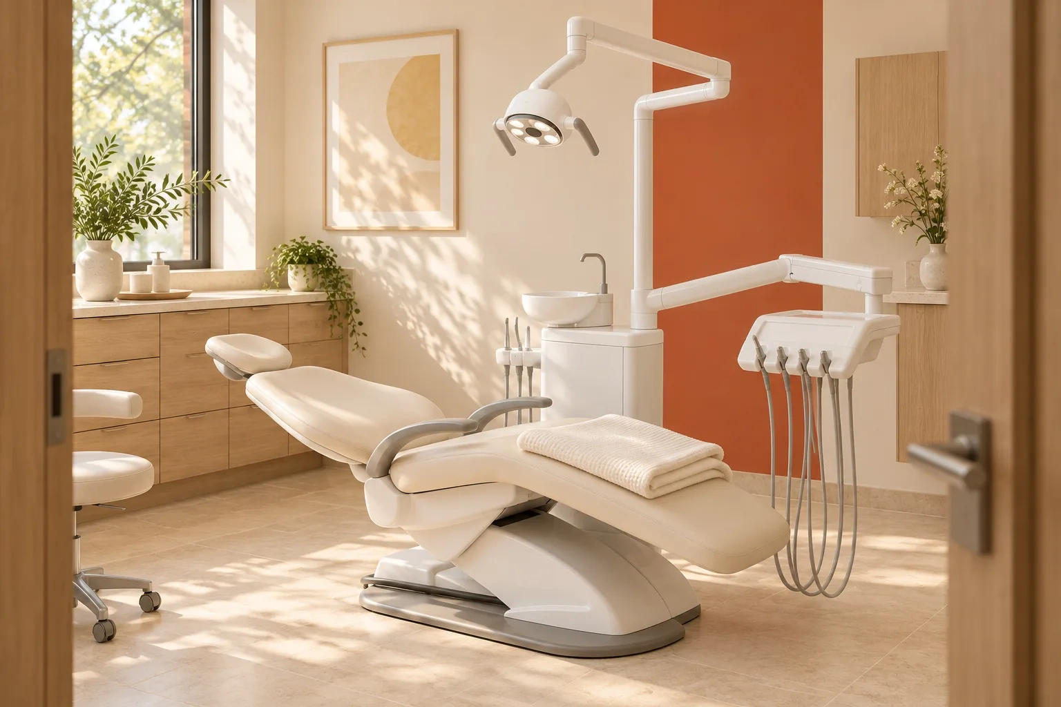 A reclined cream treatment chair holds a folded blanket in a sunlit room viewed from the doorway.