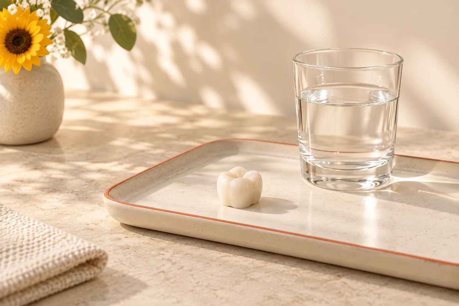 A single dental crown model rests on a cream tray beside a glass of water.