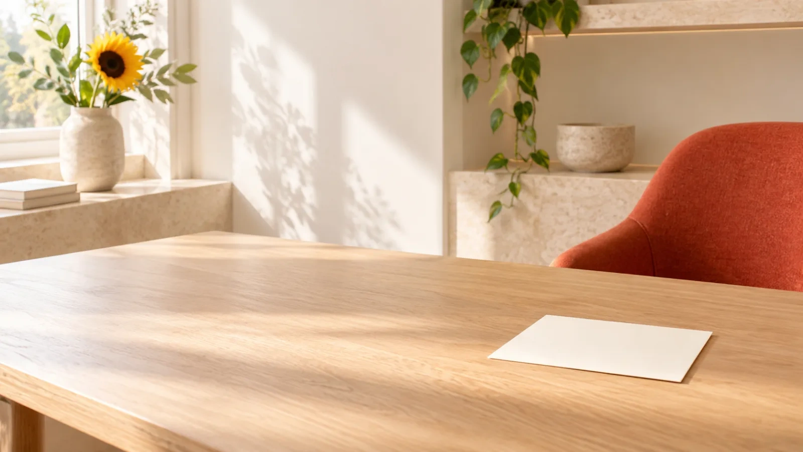 An empty pale oak consultation table with a blank card, in morning light.