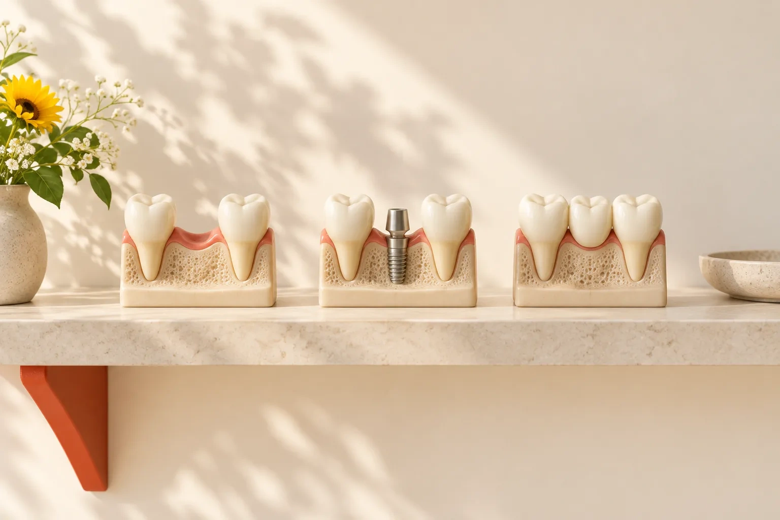 Three teaching models show a tooth gap, an implant abutment and a restored crown.