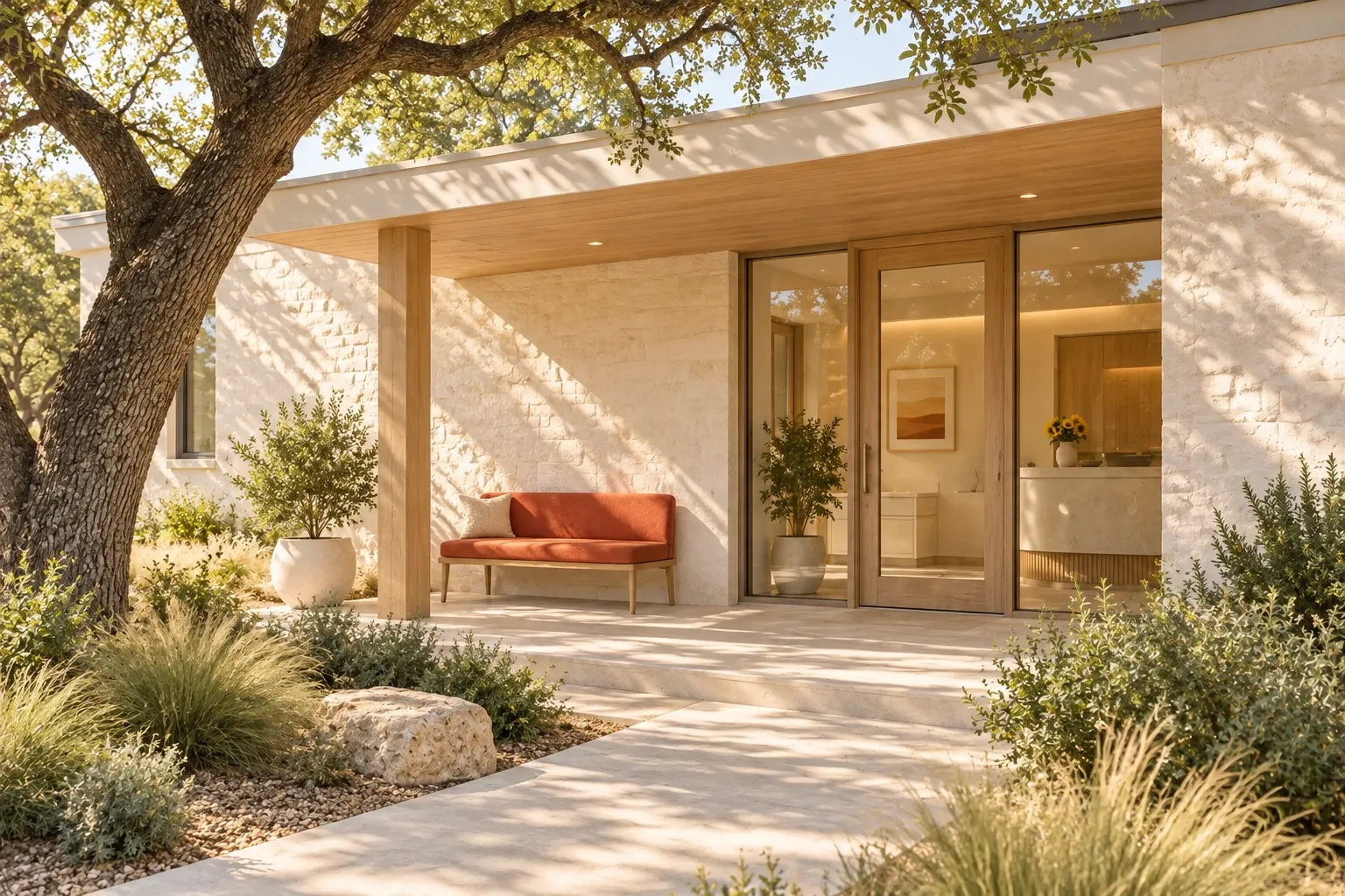 A limestone and timber clinic has a shaded porch beneath a live oak.