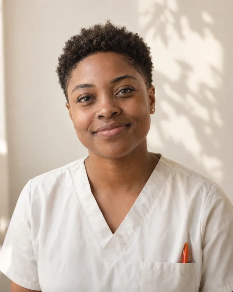 Generated portrait of Jordan Ashby (fictional): short natural hair, white tunic.