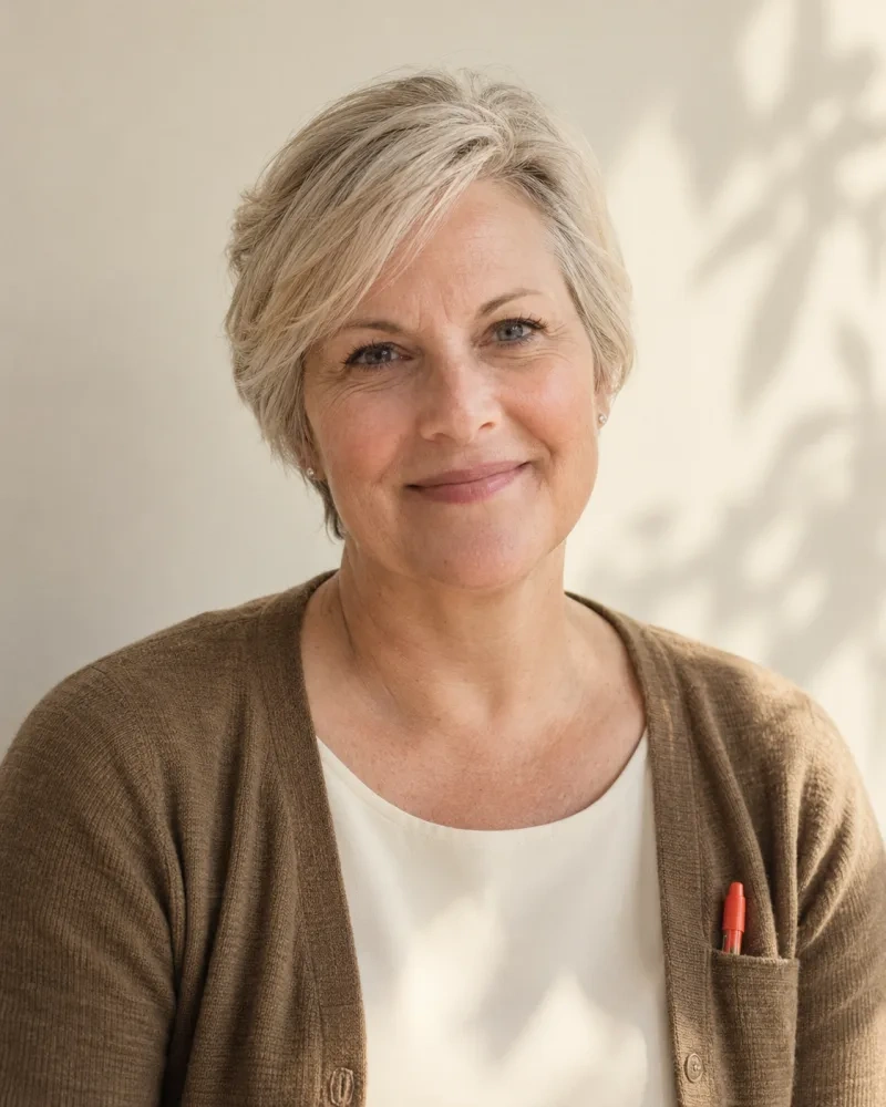 Generated portrait of Hannah Ostrowski (fictional): short grey hair, tan cardigan.