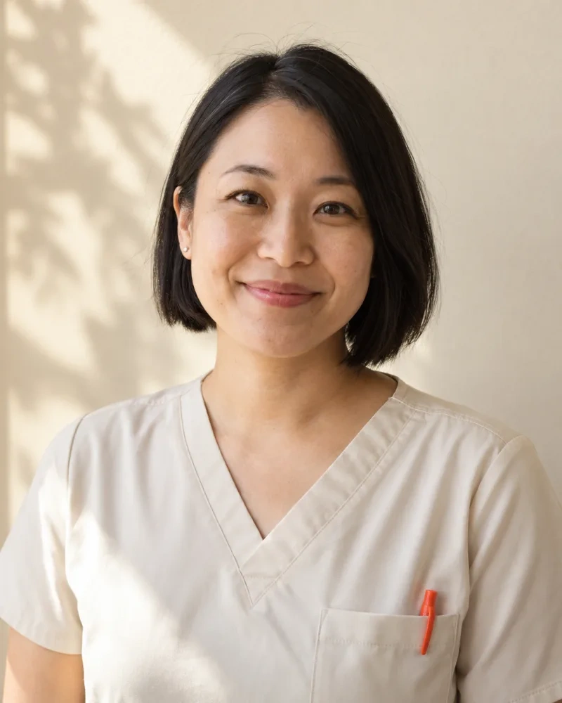 Generated portrait of Dr. Mei-Lin Tanabe (fictional): black bob, white tunic.