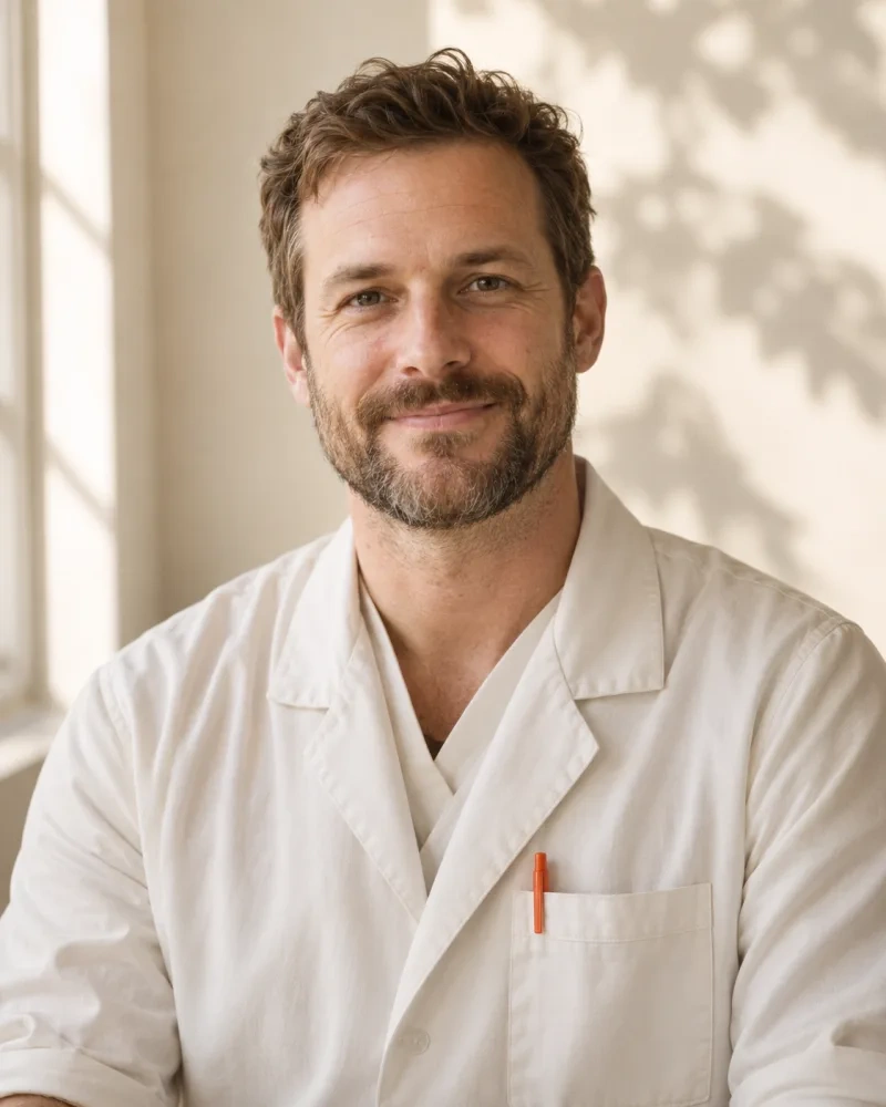 Generated portrait of Dr. Elias Vandermeer (fictional): short beard, white clinic jacket.