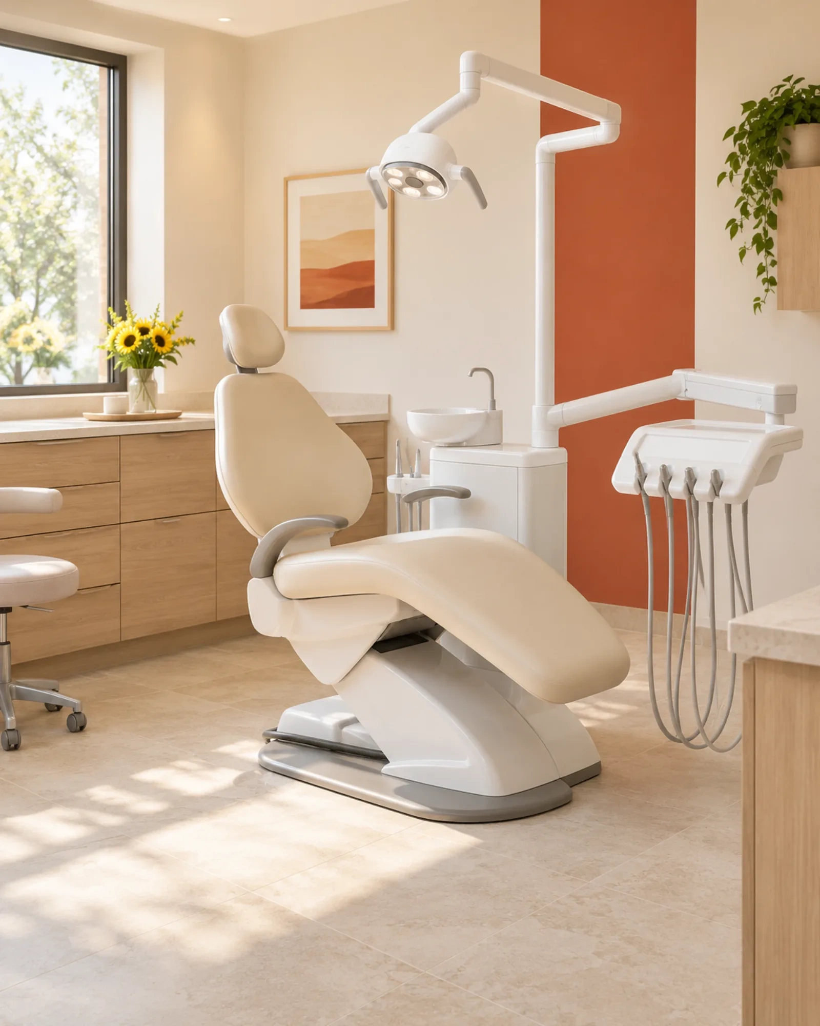 An empty cream treatment chair stands in a sunlit room with pale oak cabinetry.