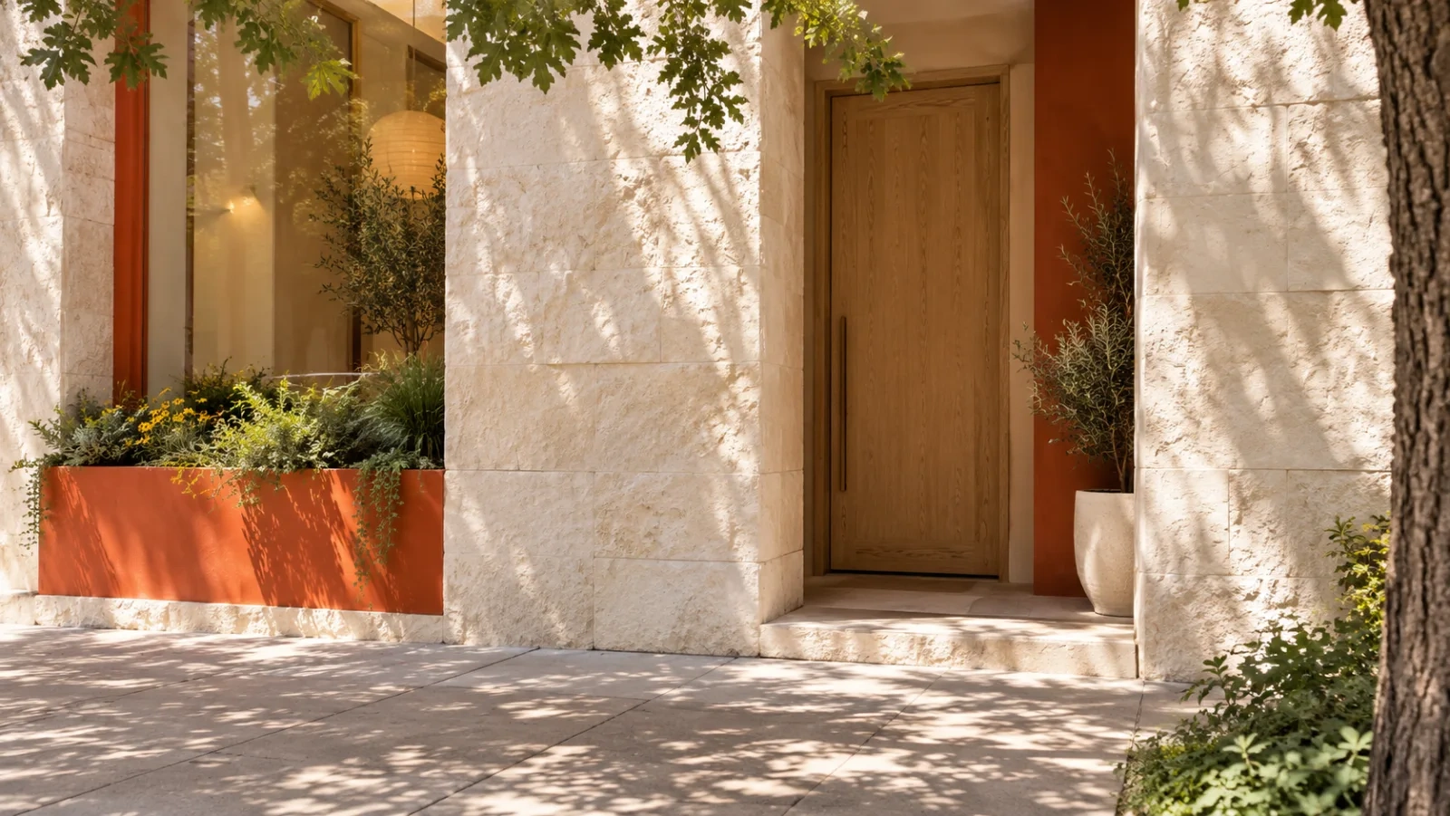 A fictional clinic entrance faces a sunlit downtown Austin street.