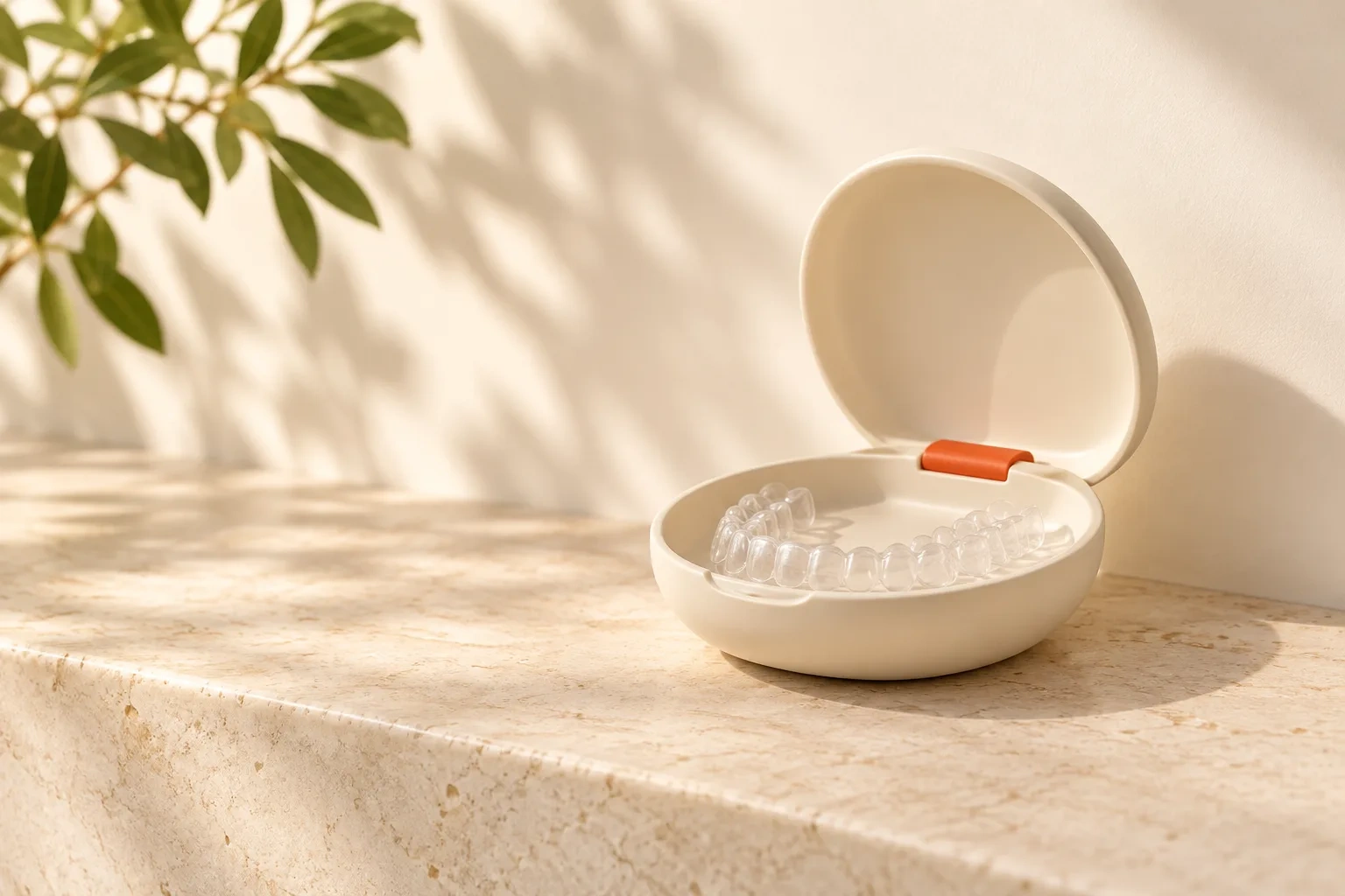 A clear aligner rests inside an open cream case on a limestone ledge.