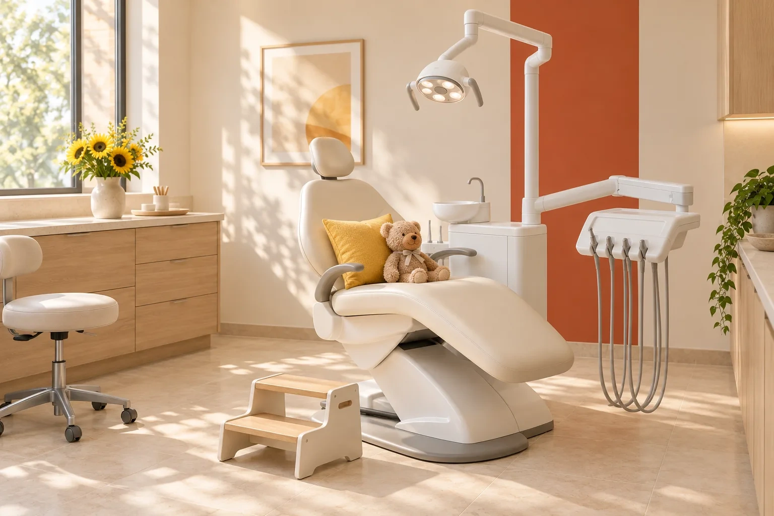 A cream treatment chair holds a teddy bear and yellow cushion beside a child-size step stool.