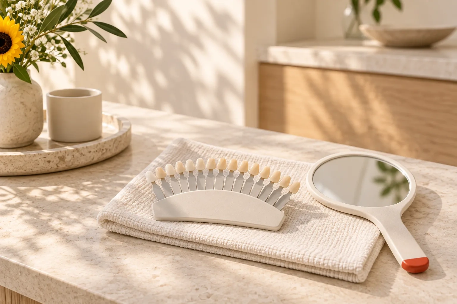 An unnumbered dental shade guide rests on cream cloth beside a hand mirror.
