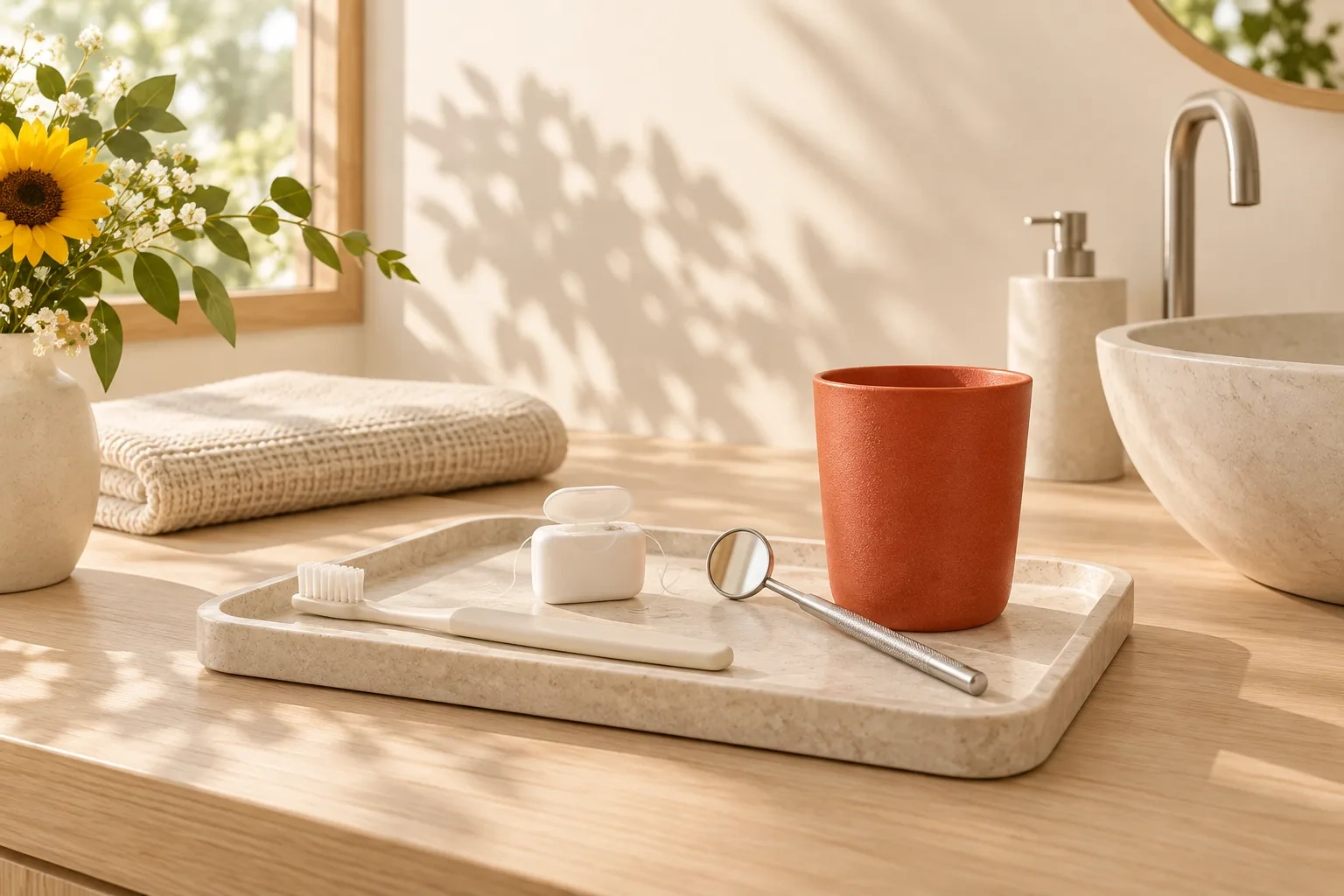 A toothbrush, floss and small mirror sit on a tray beside a vermilion cup.