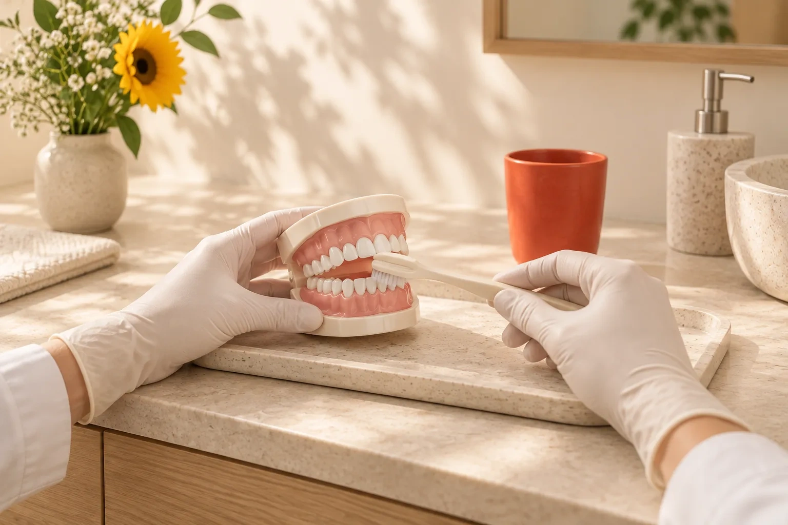 Two gloved hands demonstrate brushing on a detached dental teaching model.