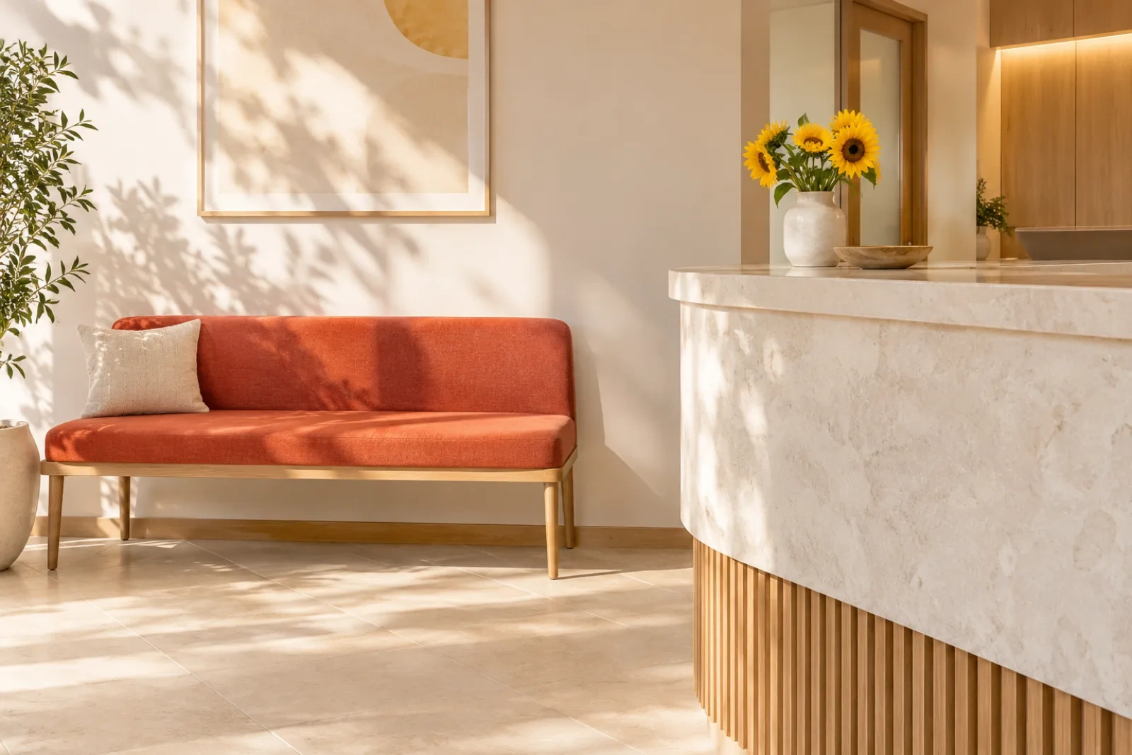 The practice's reception: an empty vermilion bench beside a pale stone counter, in morning light.